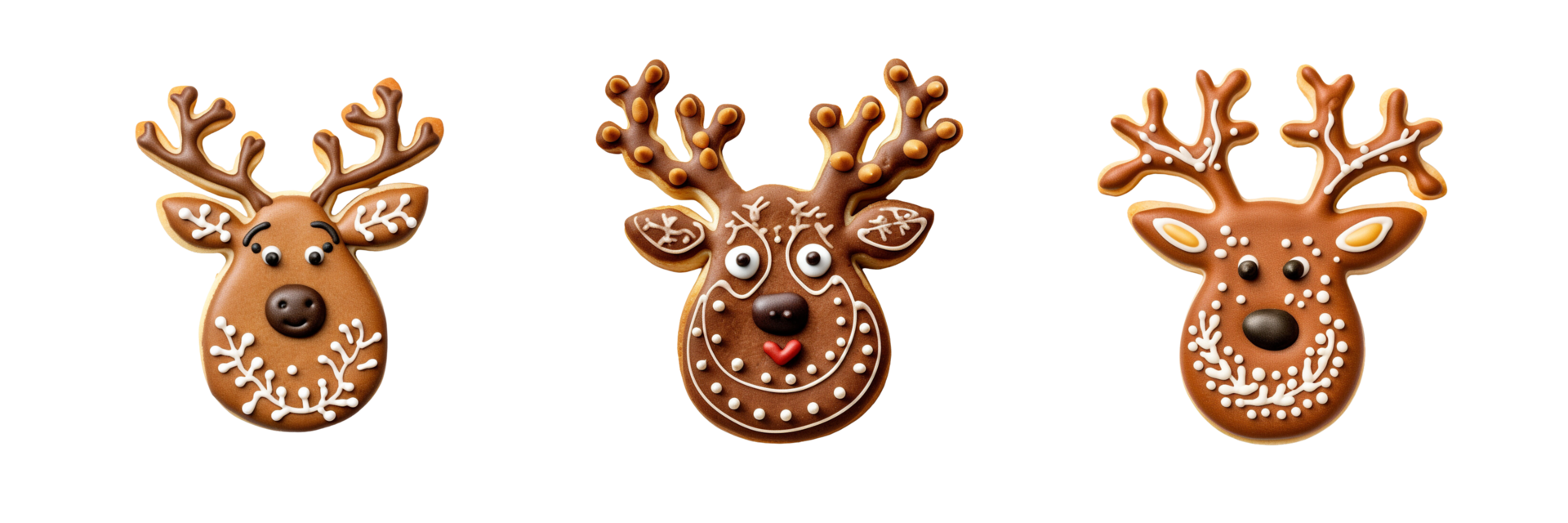 AI generated three reindeer heads with brown and white decorations png