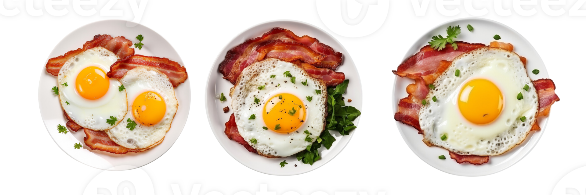AI generated Three plates with eggs and bacon on them png