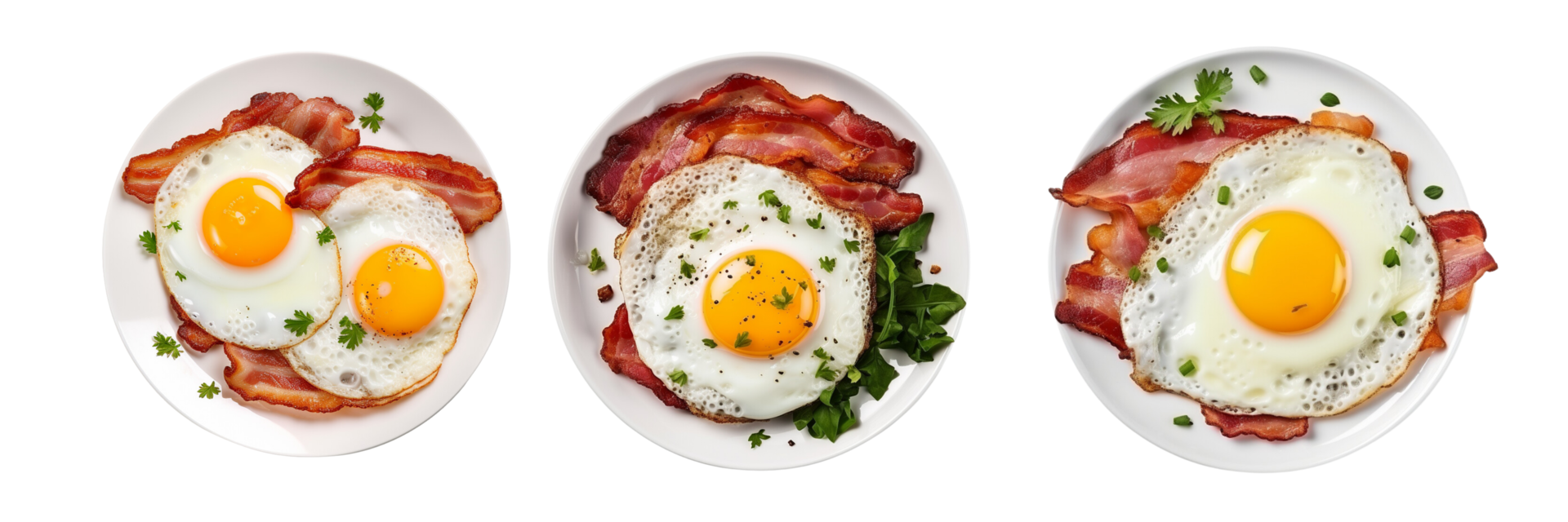 AI generated Three plates with eggs and bacon on them 36182045 PNG