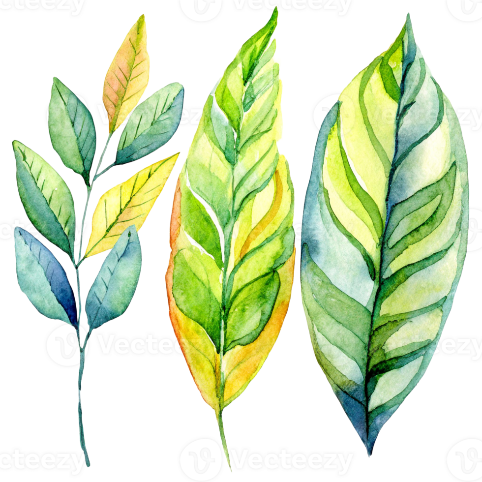 AI generated A watercolor painting of three green leaves. Suitable for nature-themed designs, botanical illustrations, eco-friendly concepts, and organic product branding. png