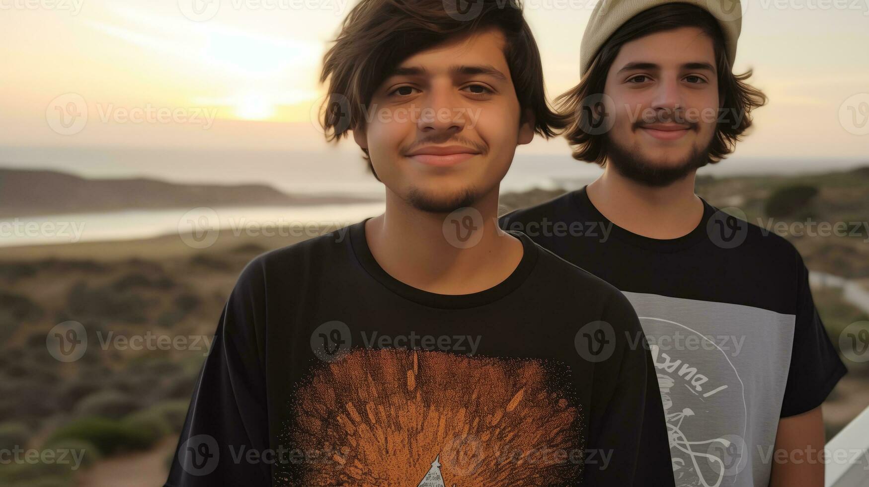 AI generated Group of happy male friends standing on the beach. Generative AI photo