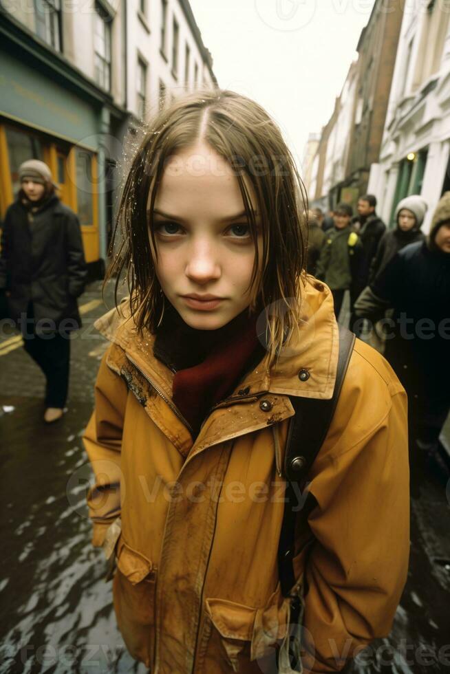 AI generated young girl standing on a flooded street. Generative AI photo
