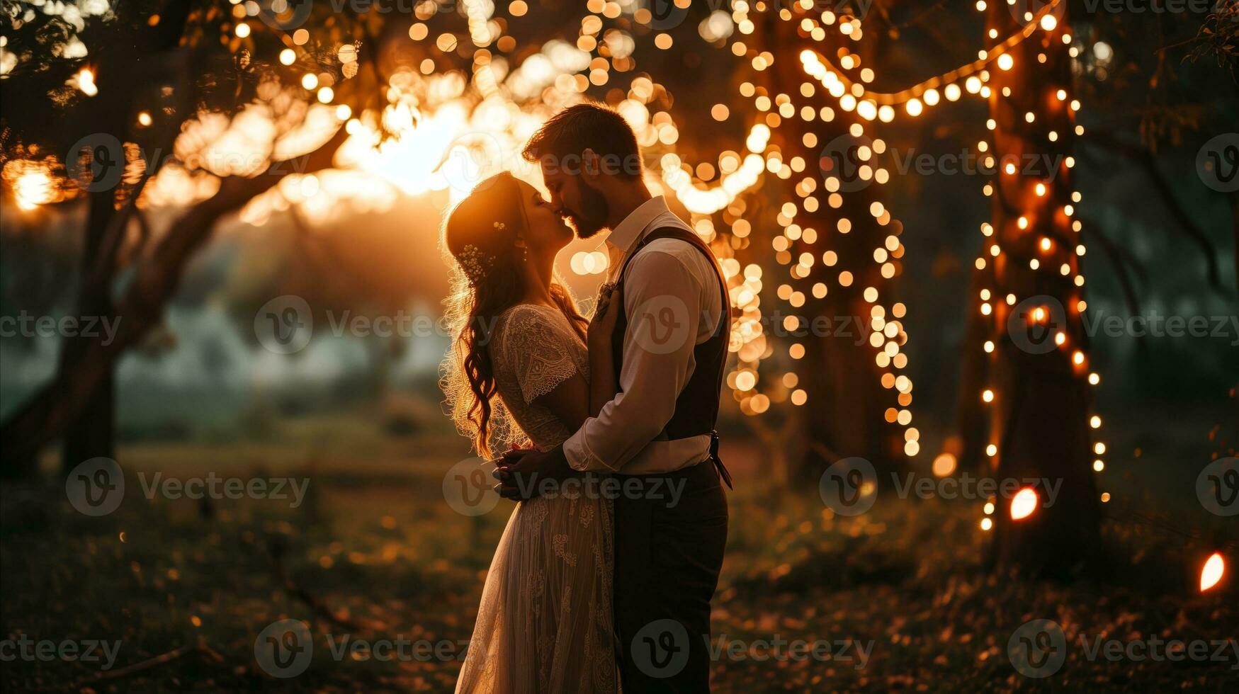 AI generated Young couple in a romantic setting decorated with illuminations photo