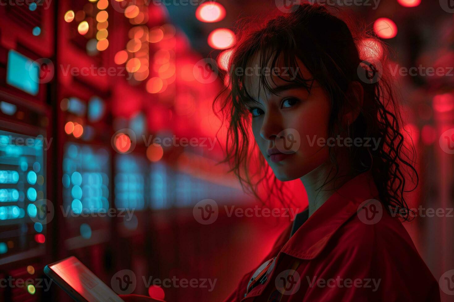 AI generated Female IT specialist using tablet in server room photo