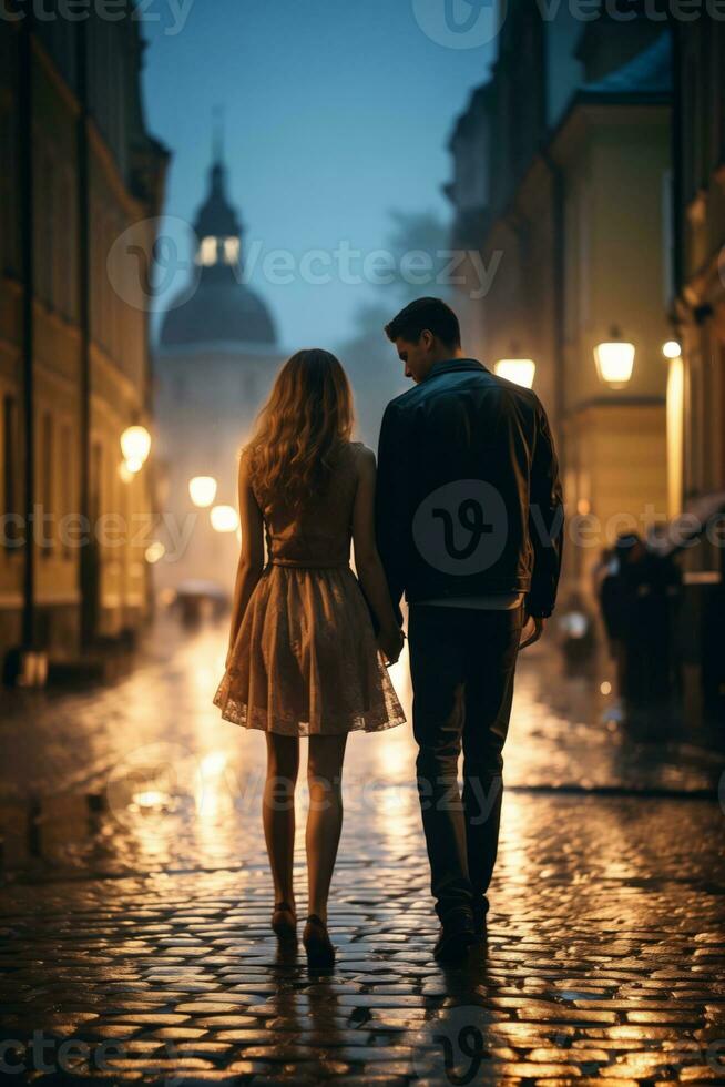 AI generated Back view photo of young couple walking on the side streets of the city. Generative AI