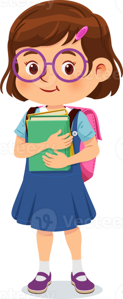 Little girl stand holding books with backpacks png