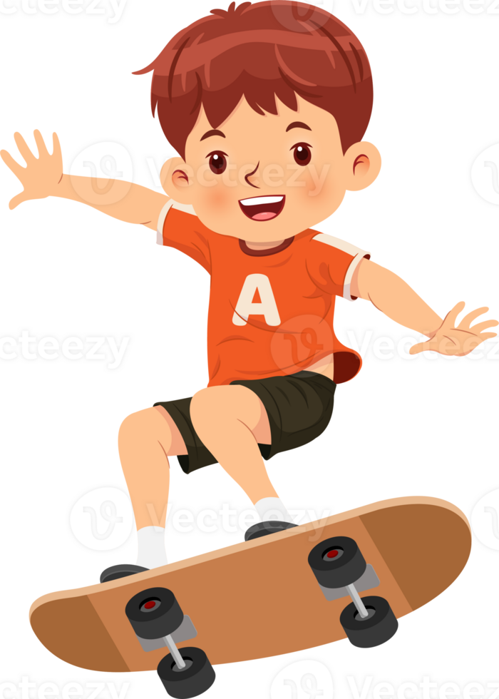 Happy smiling boy has riding on a skateboard png