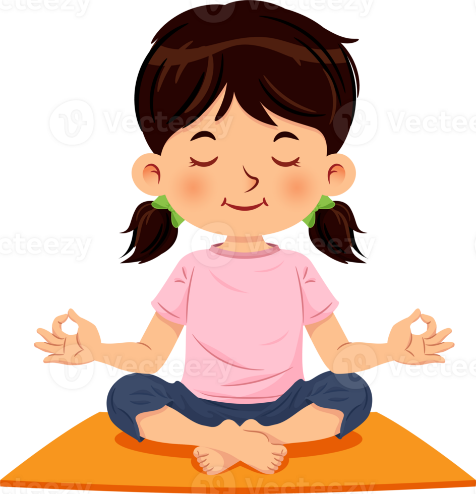 linda niña sentado con las piernas cruzadas y meditando en yoga actitud png