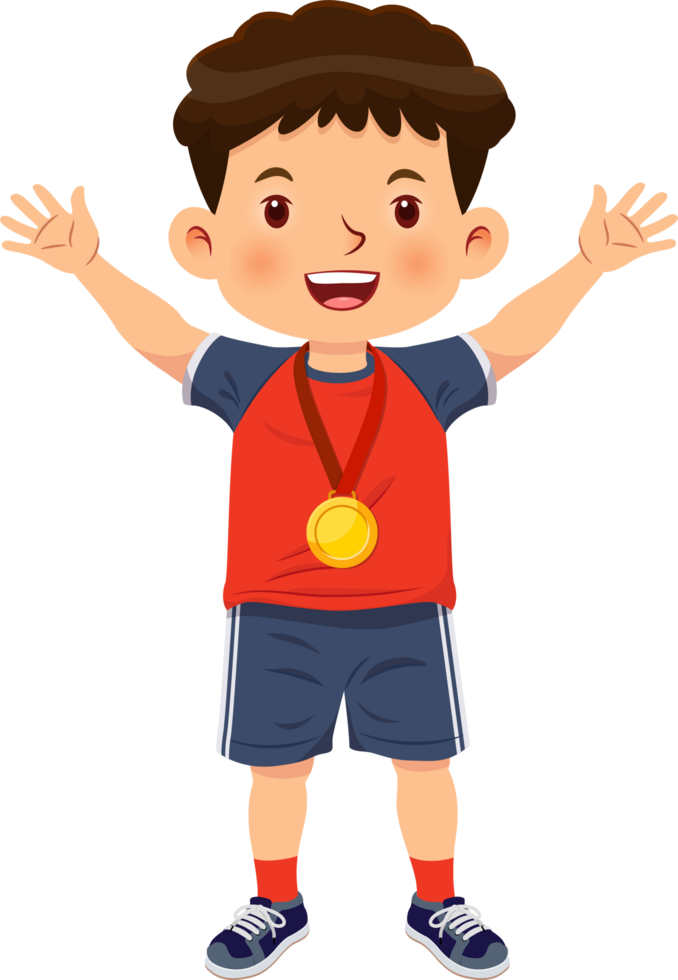 feliz sorridente Garoto em pé com dele ouro medalha png