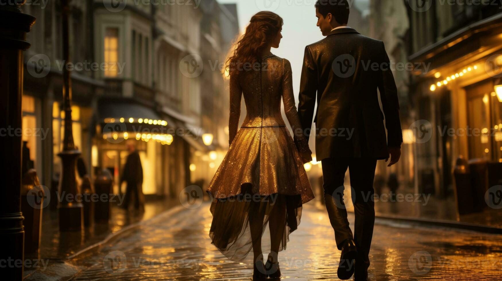 AI generated Back view photo of young couple walking on the side streets of the city. Generative AI