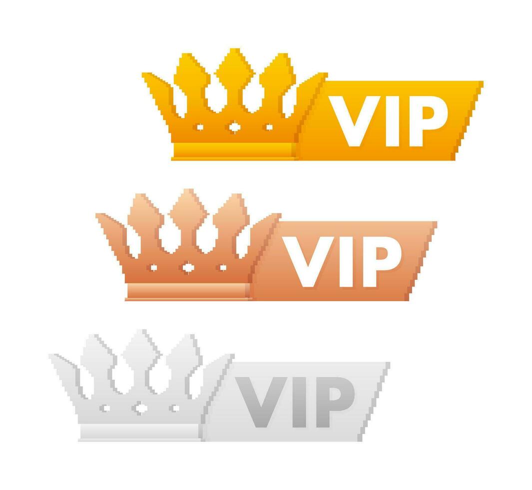Set of Three VIP Crown Badges in Golden, Bronze, and Silver Colors for Exclusive Membership Illustration, Perfect for Loyalty Programs and Premium Services. vector
