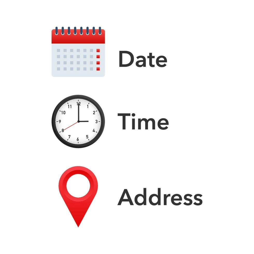 Essential Appointment Icons Set Featuring Calendar, Clock, and Location Pin for Date, Time, and Address Indication. vector