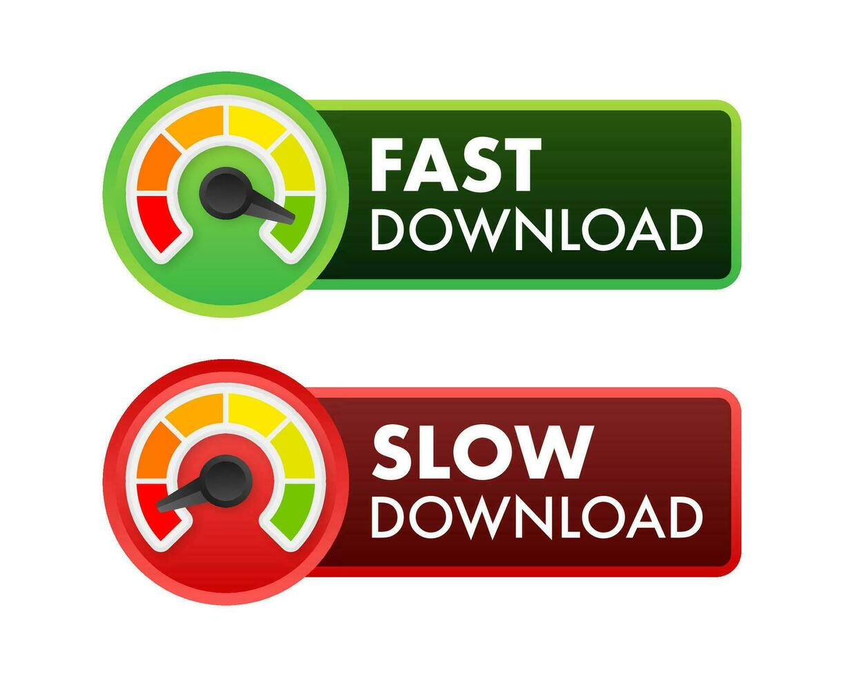 Download Speed Meter Concept with Fast and Slow Indicators, Vector Illustration for Internet Connectivity and Data Rate Measurement