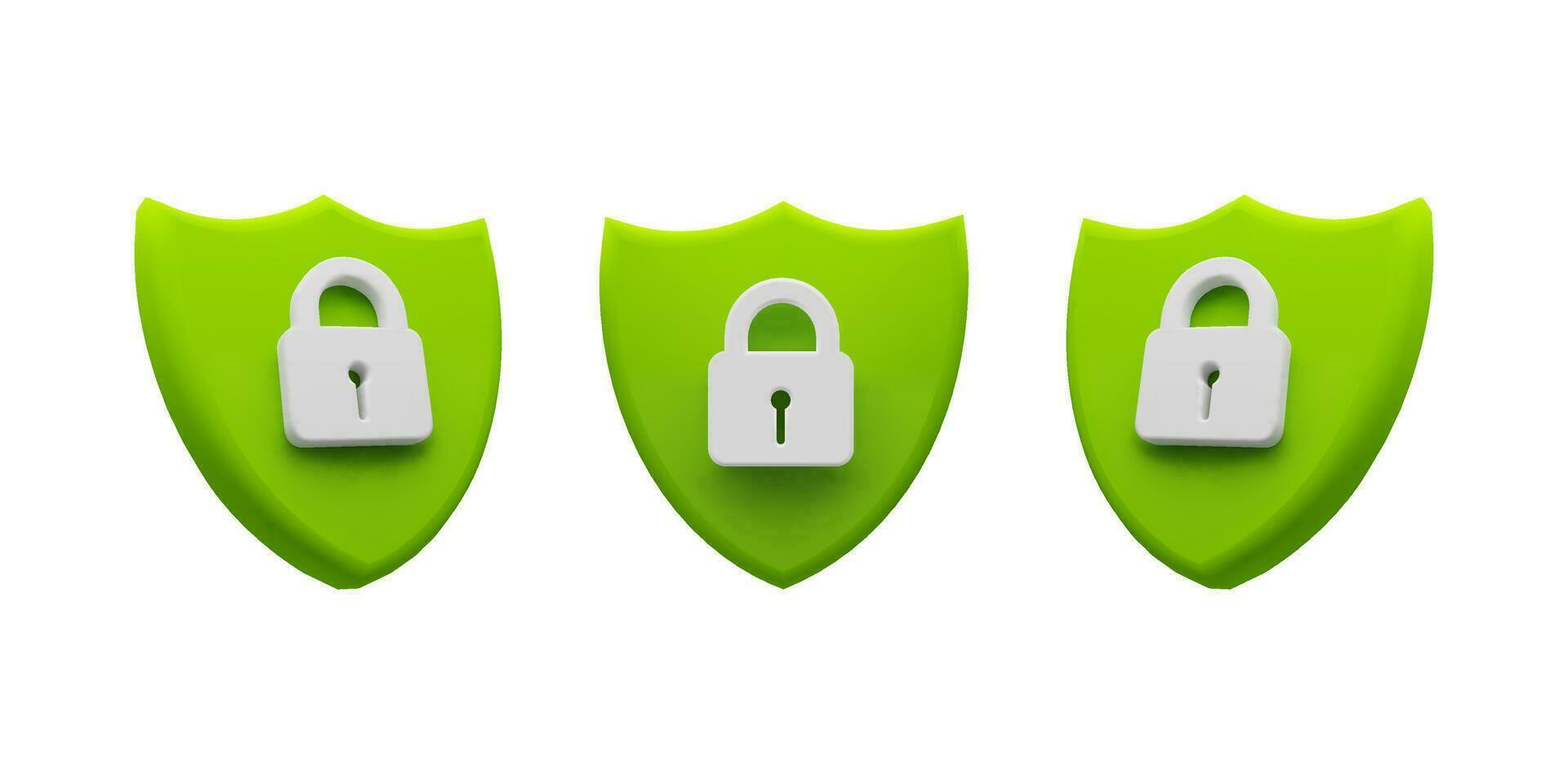 Security Concept with Green Shields and Padlocks, Representing Data Protection, Privacy, and Cybersecurity Measures. Vector stock illustration