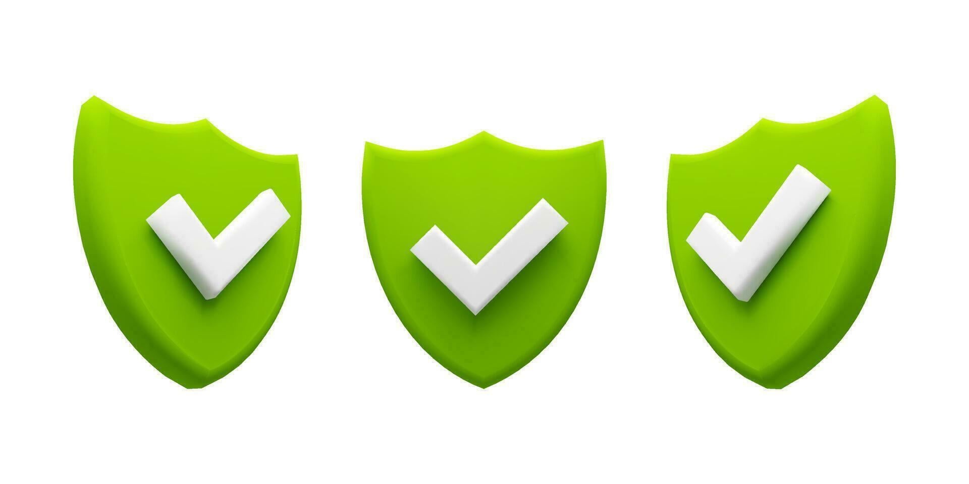 Set of Green Shield with White Checkmark, Symbolizing Security, Protection, and Verification vector