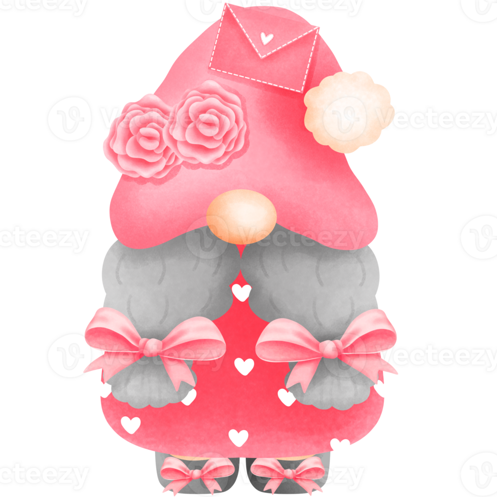 Whimsical watercolor cute pink valentine gnome girl with love letter and rose clipart. png