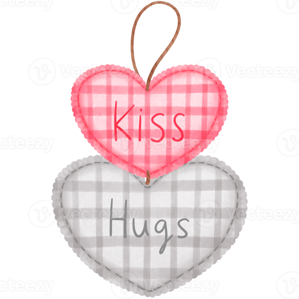 Vintage pattern hearts shaped hanging tag with kiss and hug clipart.Pink and gray hearts with rope illustration. png