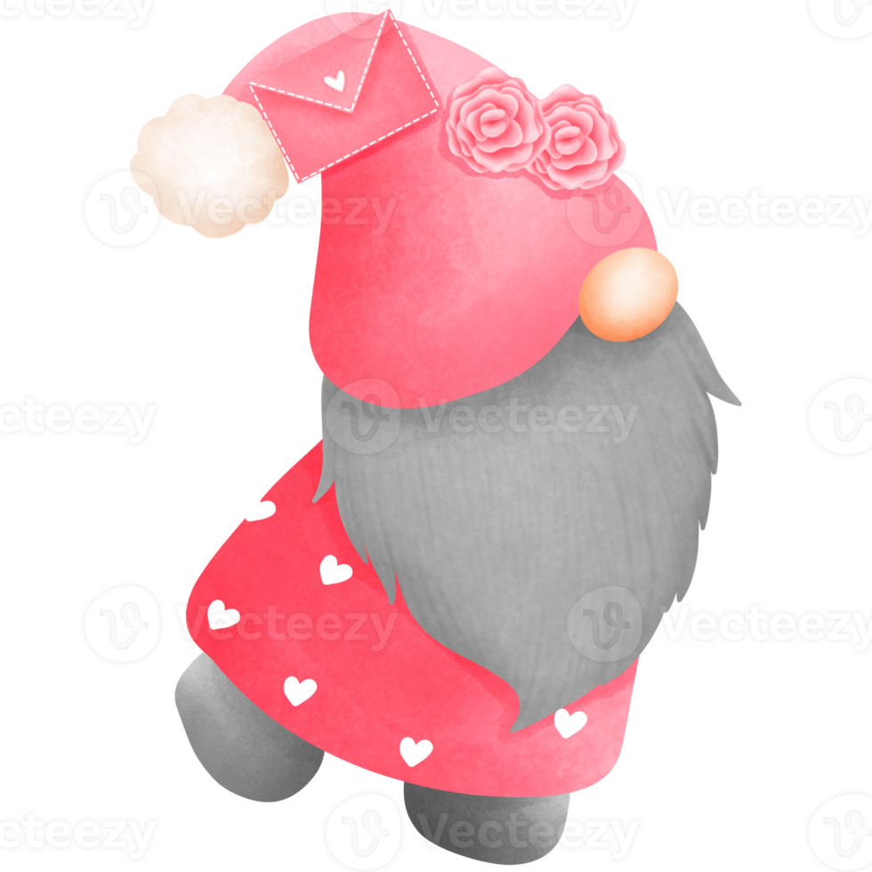 Cheerful watercolor cute pink valentine gnome boy with love letter and rose clipart. png