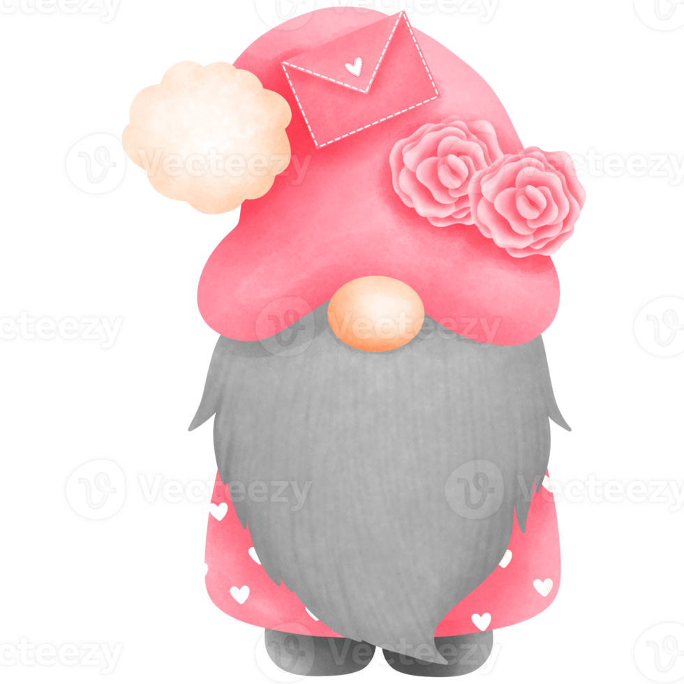 Whimsical watercolor cute pink valentine gnome boy with love letter and rose clipart. png