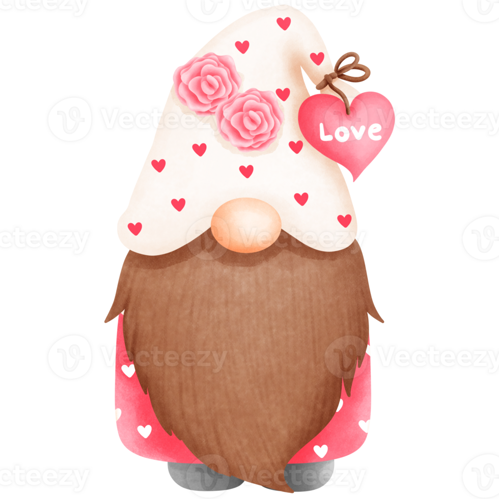Whimsical watercolor pink valentine gnome boy with rose and brown beard illustration. png