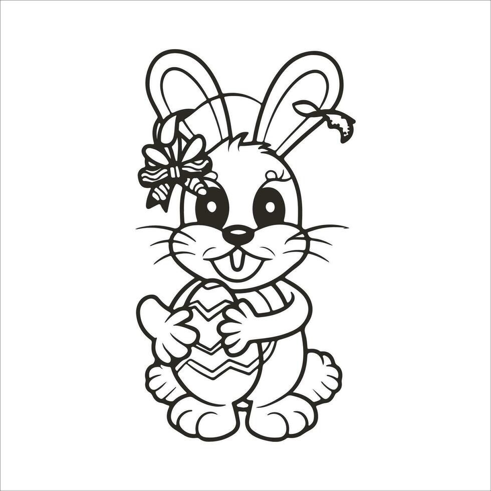 Easter Bunny with an Easter Egg. Black and white vector illustration for coloring book line art.