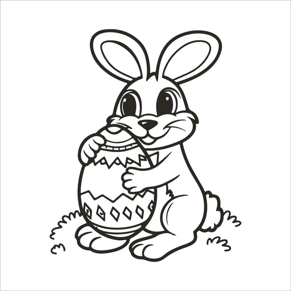 Easter Bunny with an Easter Egg. Black and white vector illustration for coloring book line art.