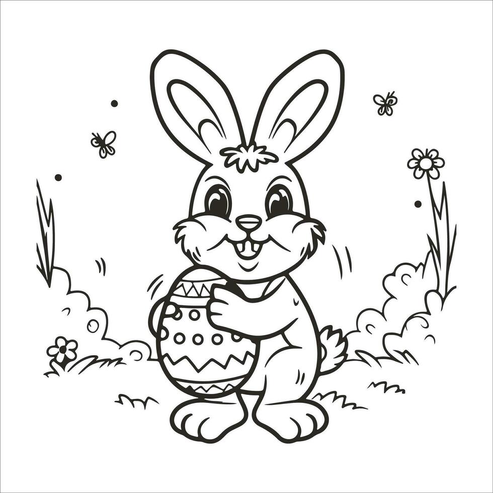 Easter Bunny with an Easter Egg. Black and white vector illustration for coloring book line art.