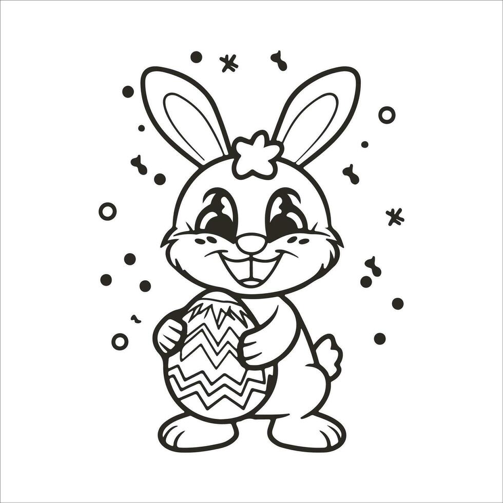 Easter Bunny with an Easter Egg. Black and white vector illustration for coloring book line art.