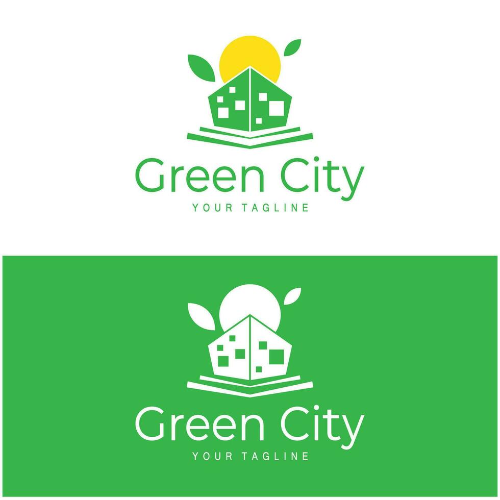 verde y sano moderno ciudad con hoja logo diseño para negocio, propiedad, edificio, eco ciudad, futuro ciudad, arquitecto, ambientalmente simpático vector