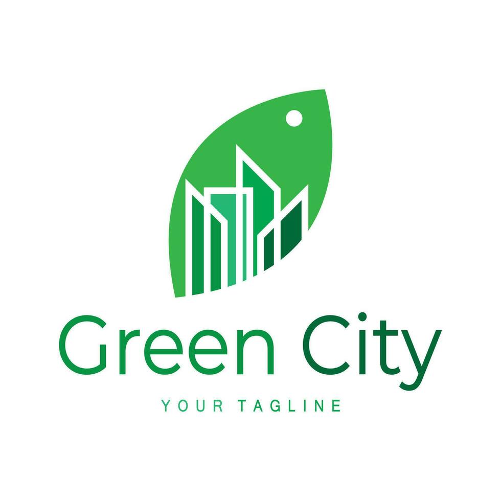 green and healthy modern city with leaf logo design for business, property, building, eco city, future city, architect, environmentally friendly vector