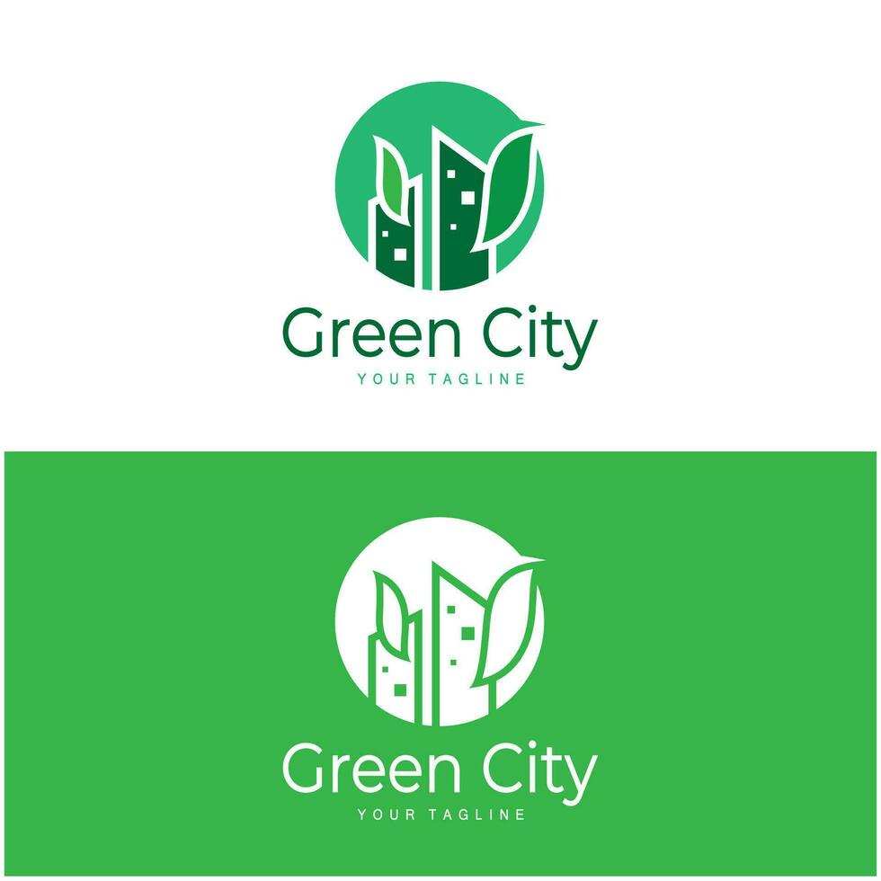 green and healthy modern city with leaf logo design for business, property, building, eco city, future city, architect, environmentally friendly vector