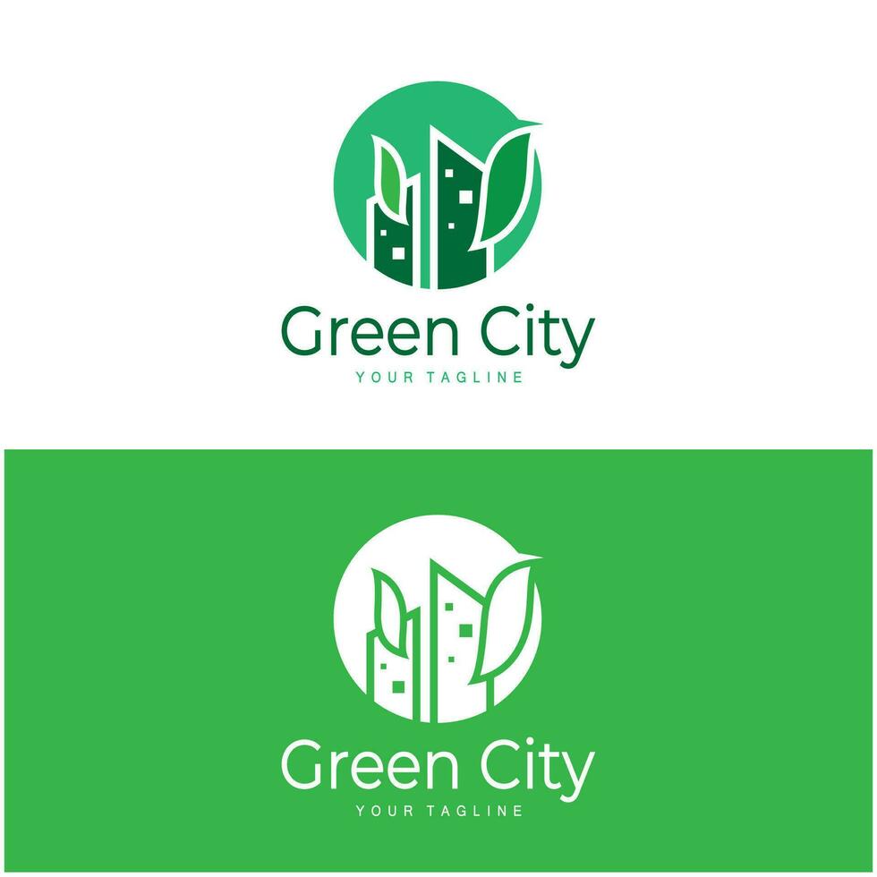 verde y sano moderno ciudad con hoja logo diseño para negocio, propiedad, edificio, eco ciudad, futuro ciudad, arquitecto, ambientalmente simpático vector