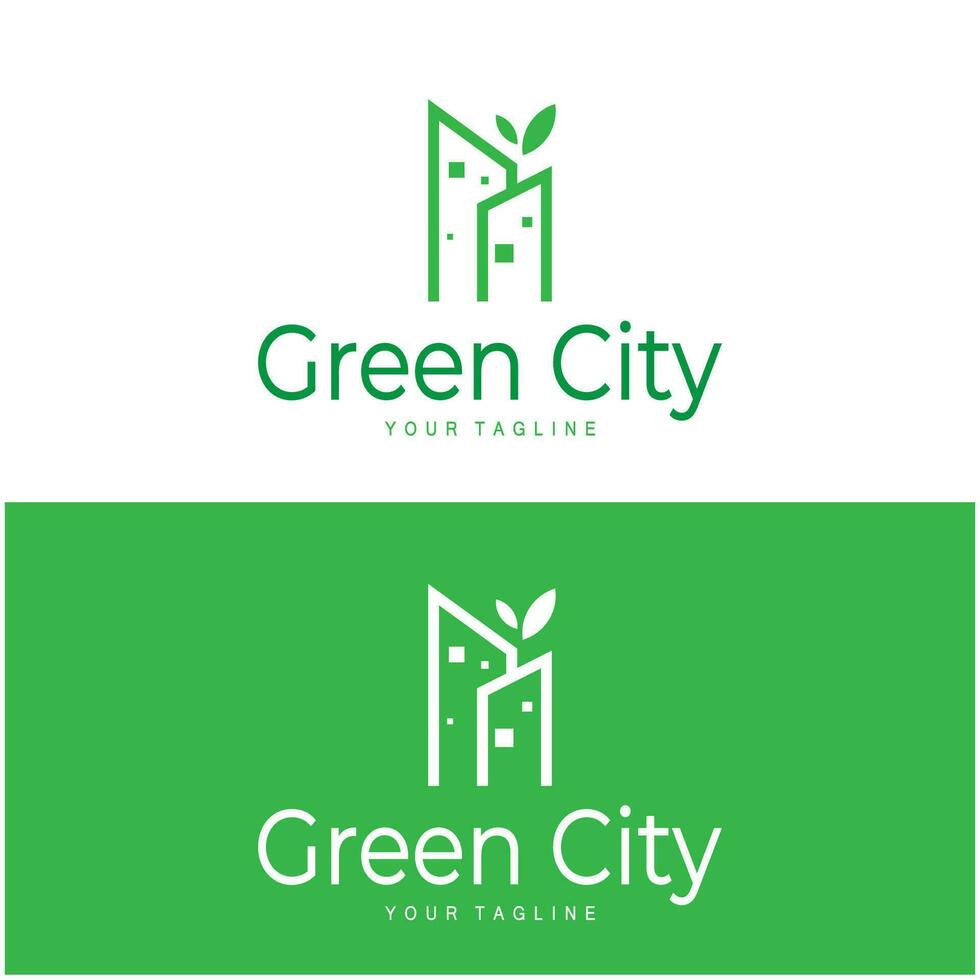 green and healthy modern city with leaf logo design for business, property, building, eco city, future city, architect, environmentally friendly vector
