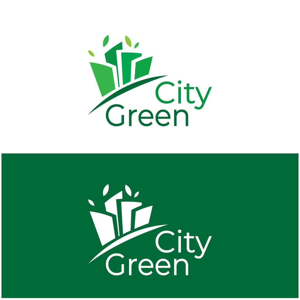 green and healthy modern city with leaf logo design for business, property, building, eco city, future city, architect, environmentally friendly vector