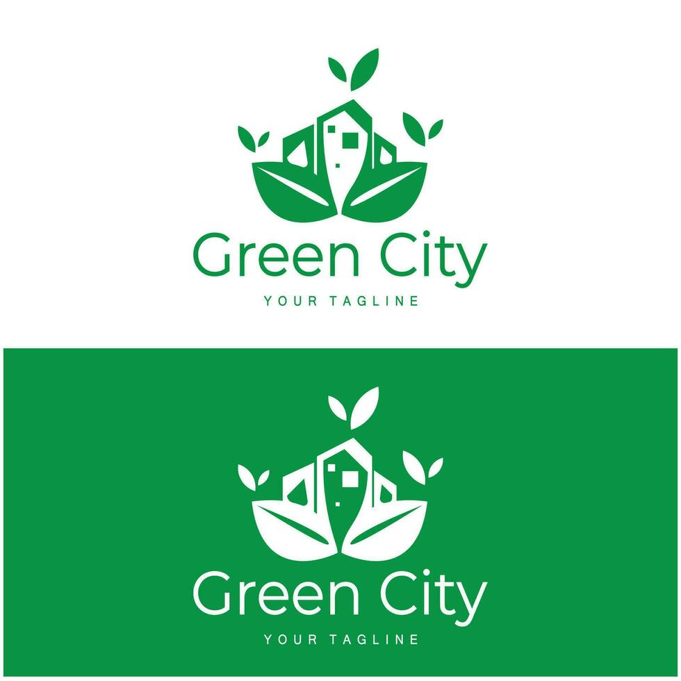 green and healthy modern city with leaf logo design for business, property, building, eco city, future city, architect, environmentally friendly vector