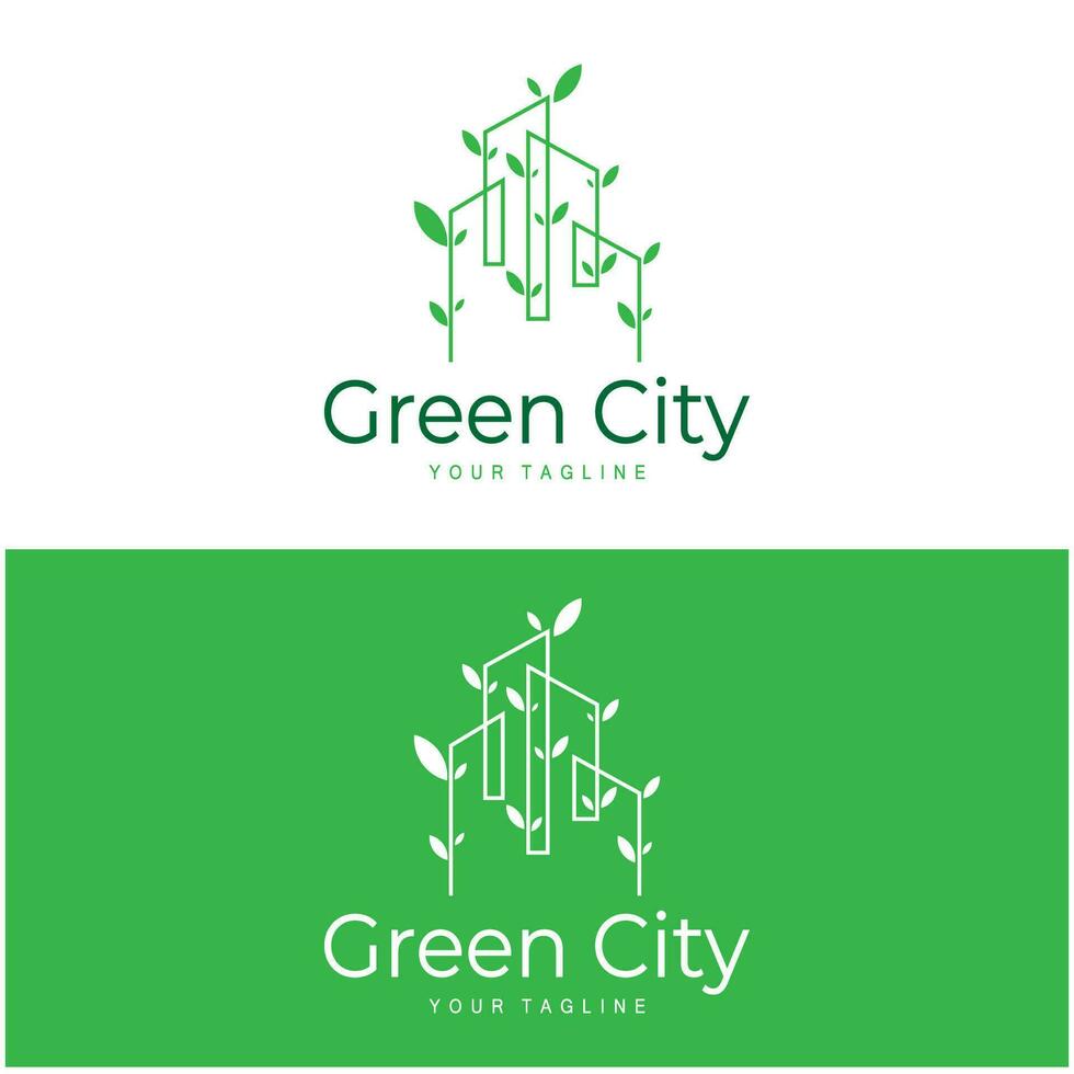 green and healthy modern city with leaf logo design for business, property, building, eco city, future city, architect, environmentally friendly vector