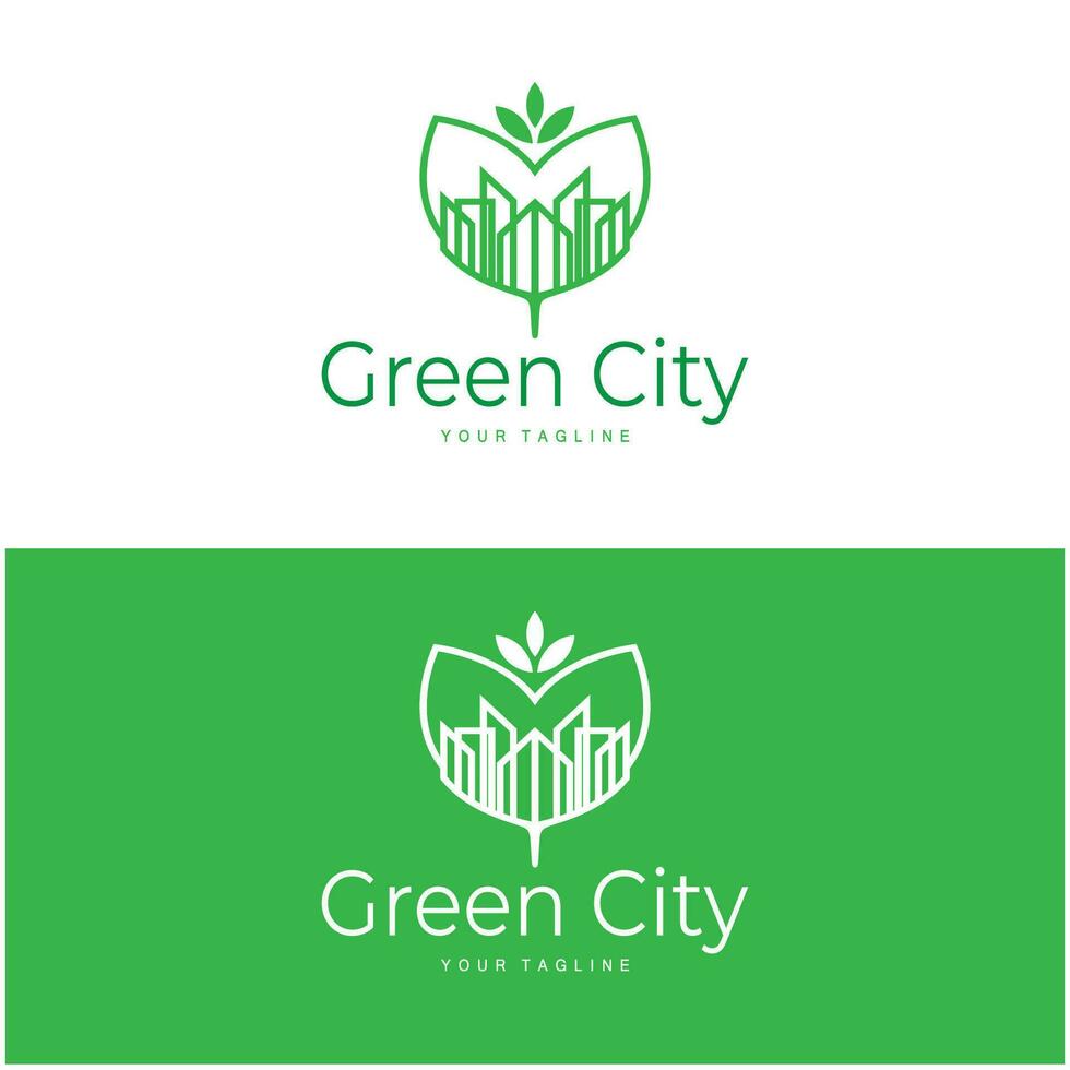 green and healthy modern city with leaf logo design for business, property, building, eco city, future city, architect, environmentally friendly vector