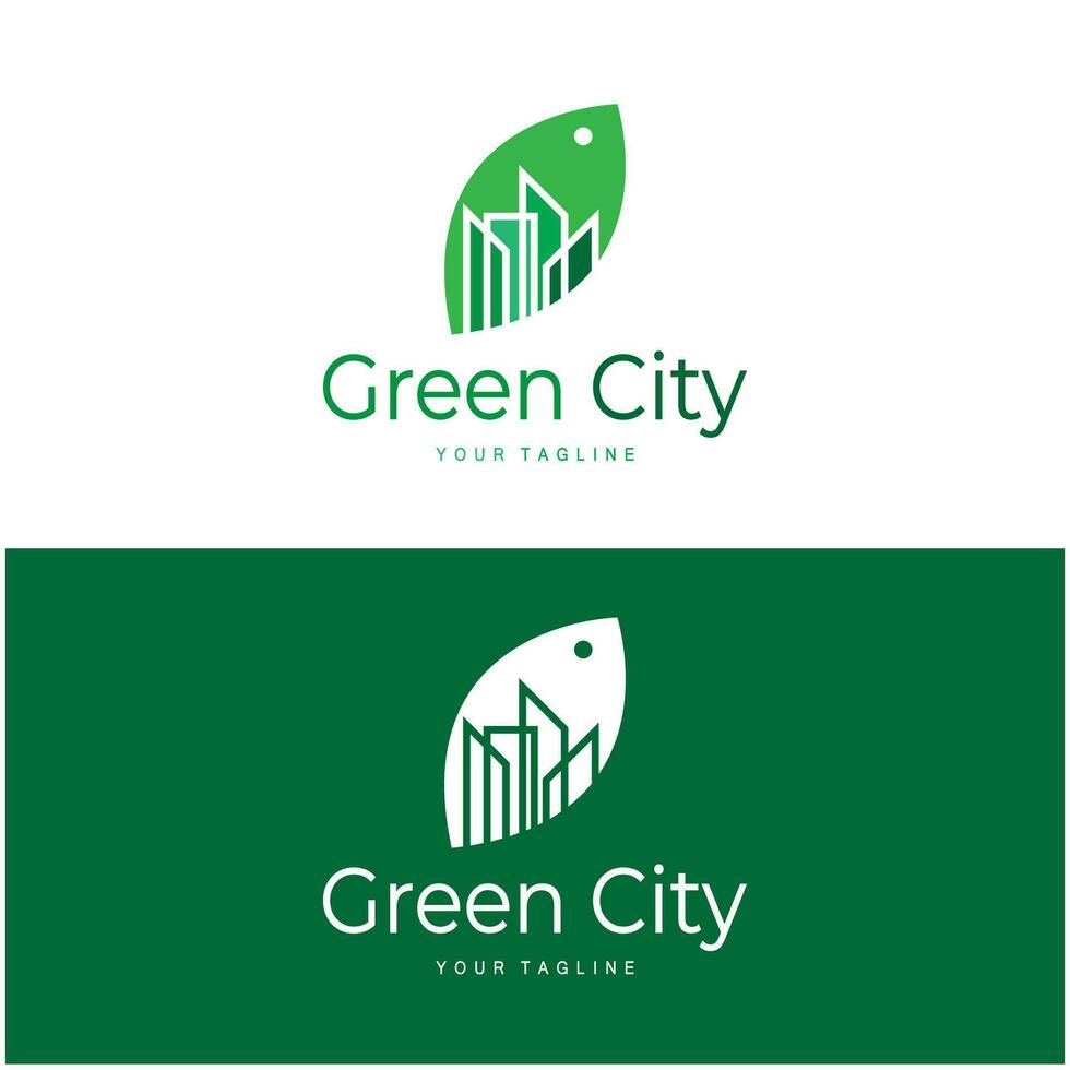 green and healthy modern city with leaf logo design for business, property, building, eco city, future city, architect, environmentally friendly vector