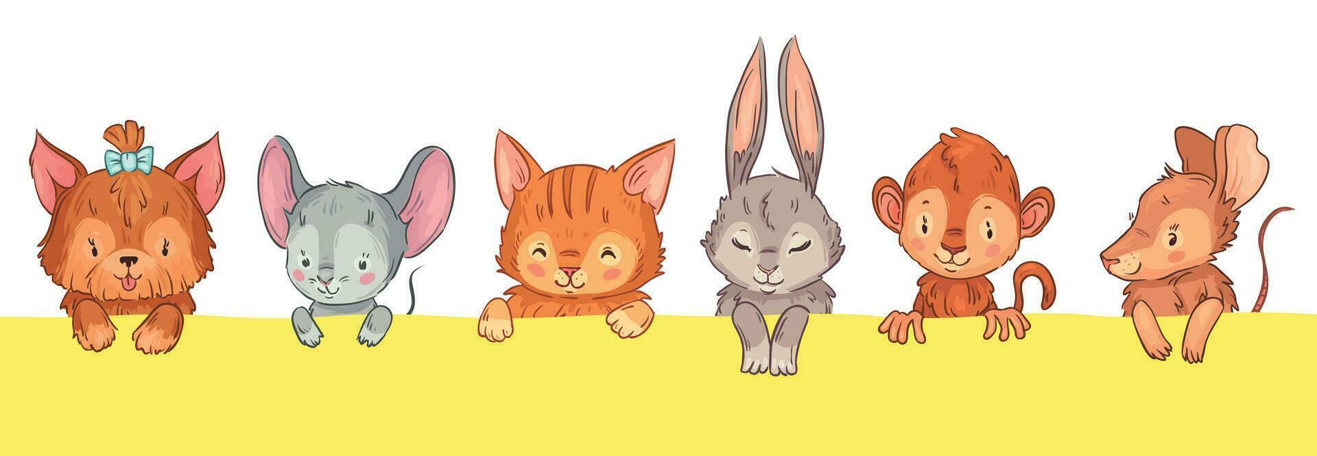 Cartoon animals looking out. Cute dog with bow, mouse, cat and rabbit, monkey and rat. Adorable pet heads vector