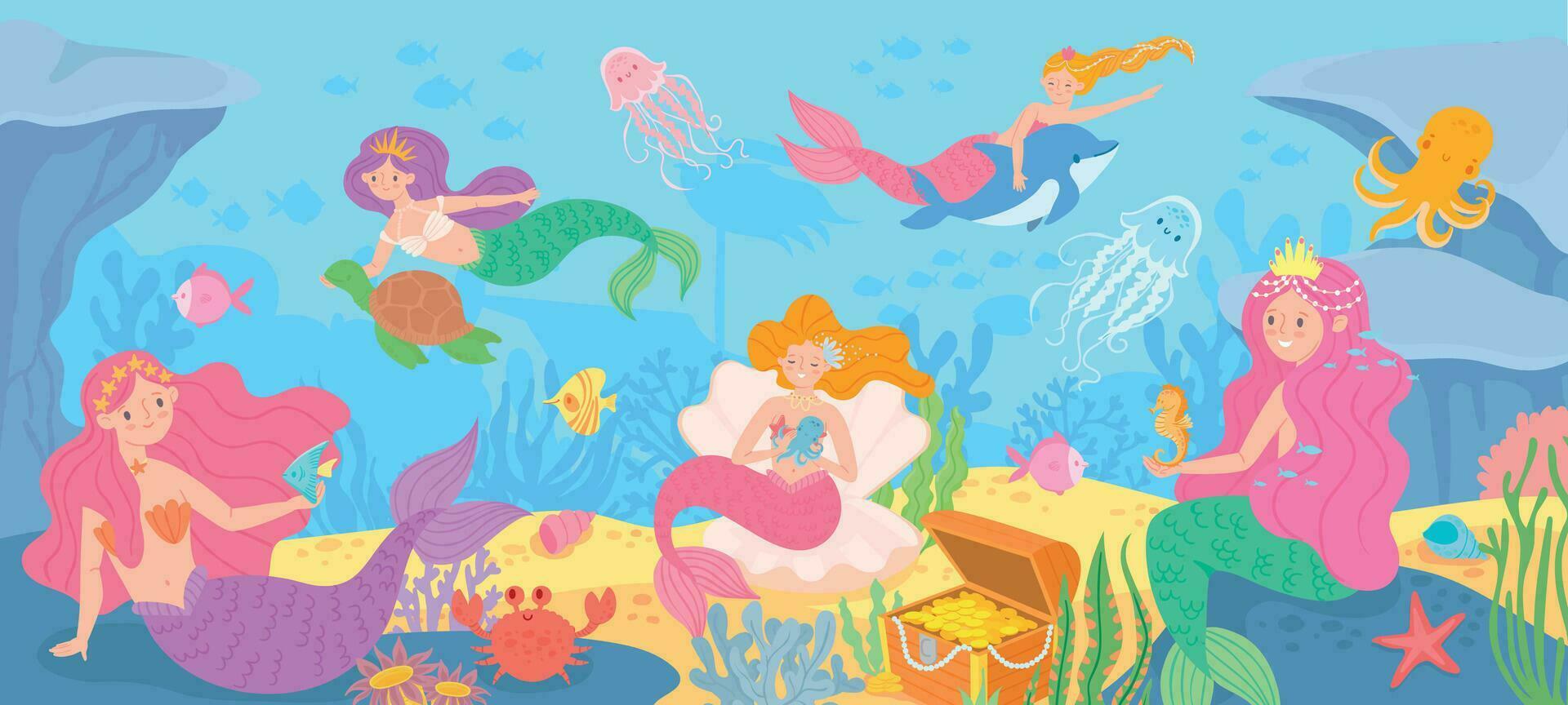 submarino con sirenas fondo del mar con mítico princesas y mar criaturas, algas y concha, pulpo, tesoro dibujos animados vector antecedentes