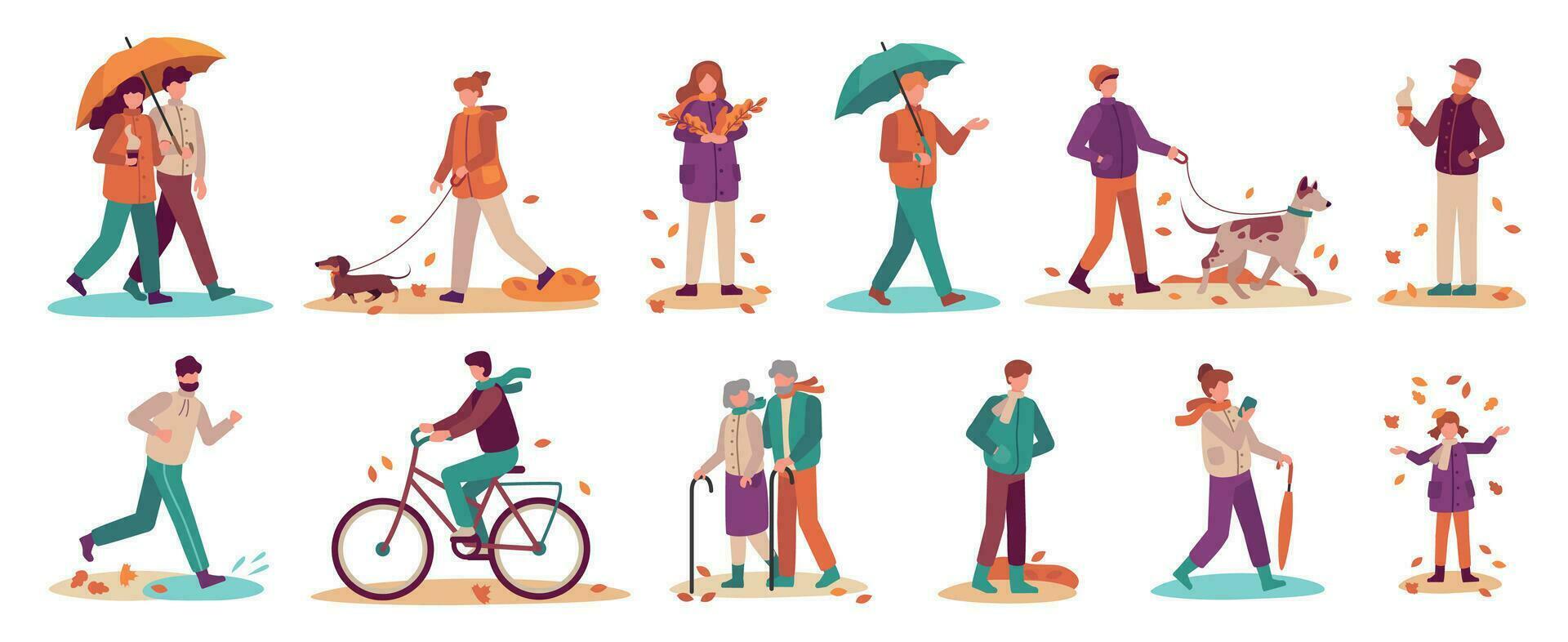 People in autumn. Couple with umbrella in rain, young and old man, woman walk autumn park. Fall season active lifestyle vector set