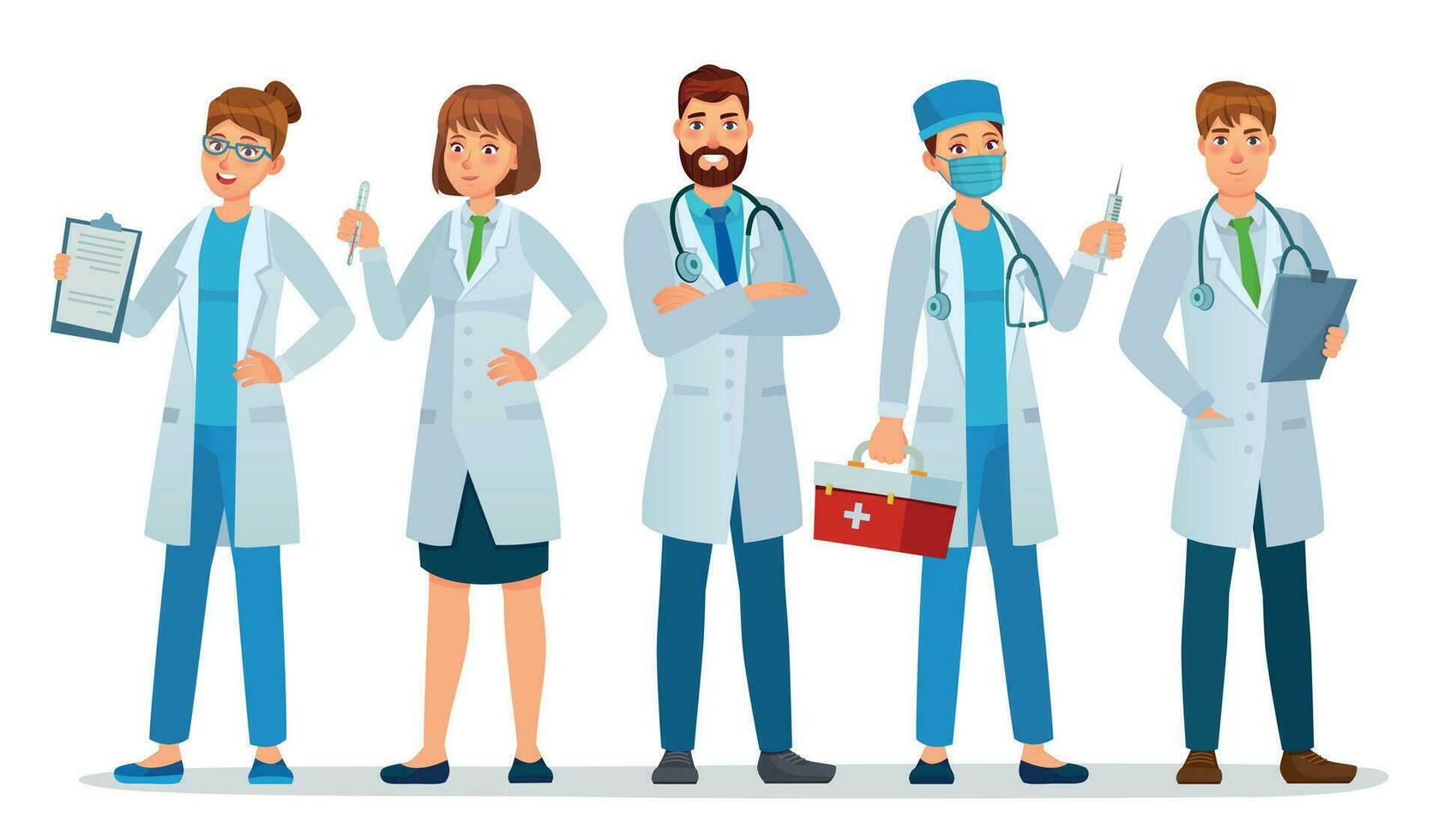 Doctors team. Healthcare workers, medical hospital nurse and doctor with stethoscope standing together cartoon vector illustration