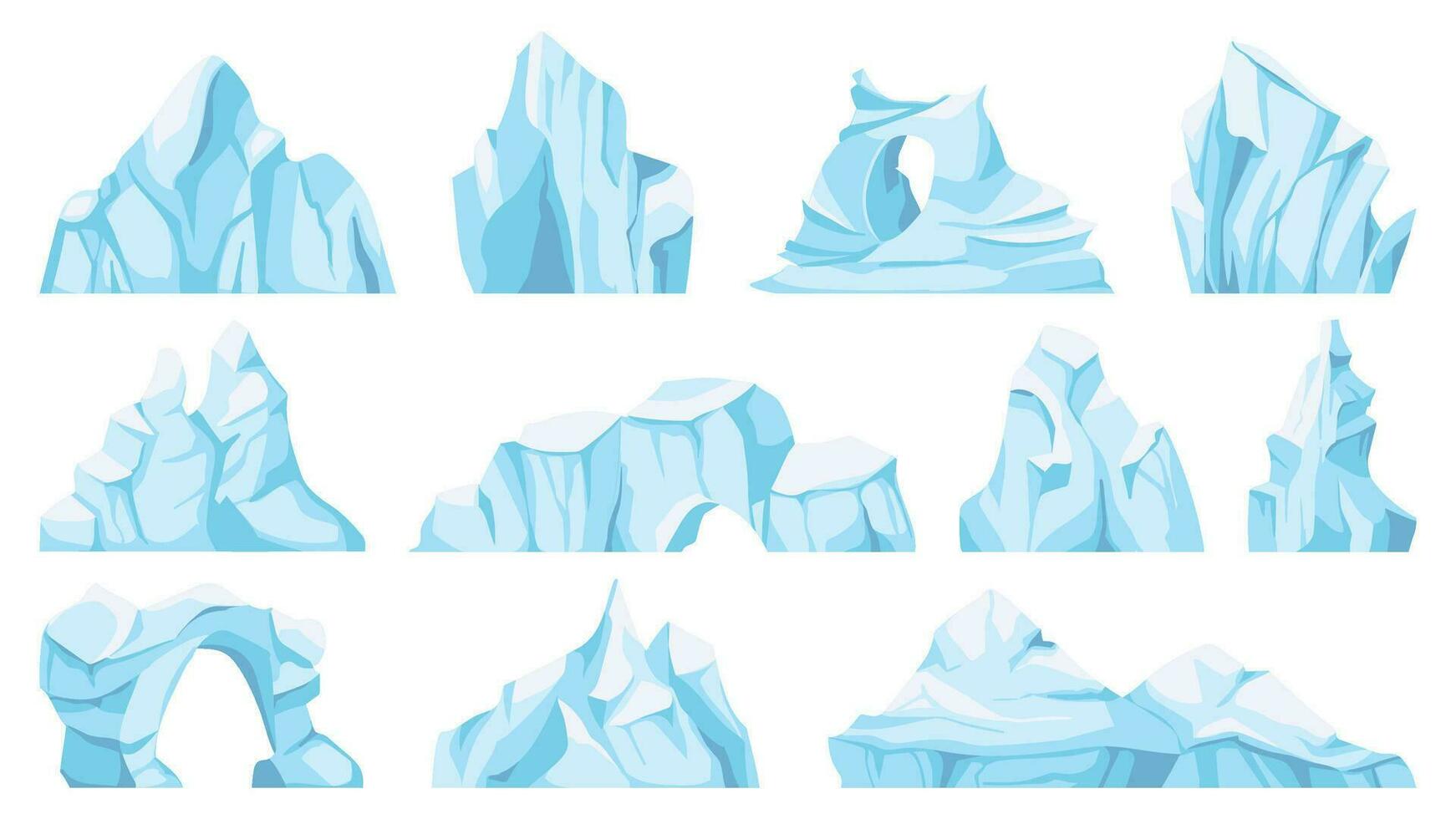 Cartoon iceberg. Drifting arctic glacier or ice rock. Frozen water, antarctic ice peaks, icy mountain for game, nature objects vector set