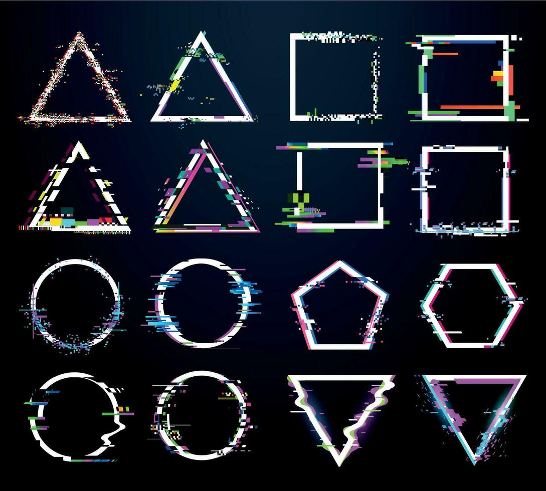 Glitch white frames. Distorted circle, square and triangle and polygonal shapes. Tv distortion geometry figure vector