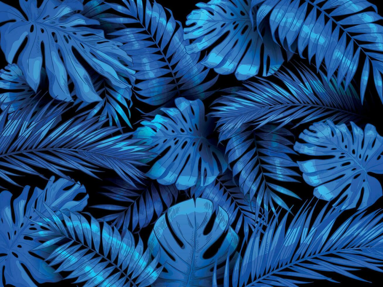 Tropical night background. Exotic blue rainforest leaves, indigo palm tree leaf and palms forest vector illustration.