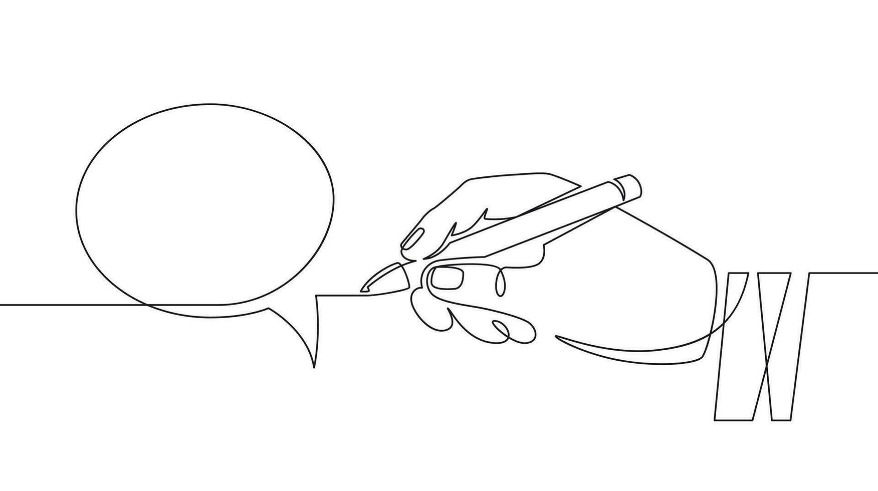 Hand with pen drawing speech bubbles. Sketch hand draws empty think balloon. Chat communication one continuous line vector concept