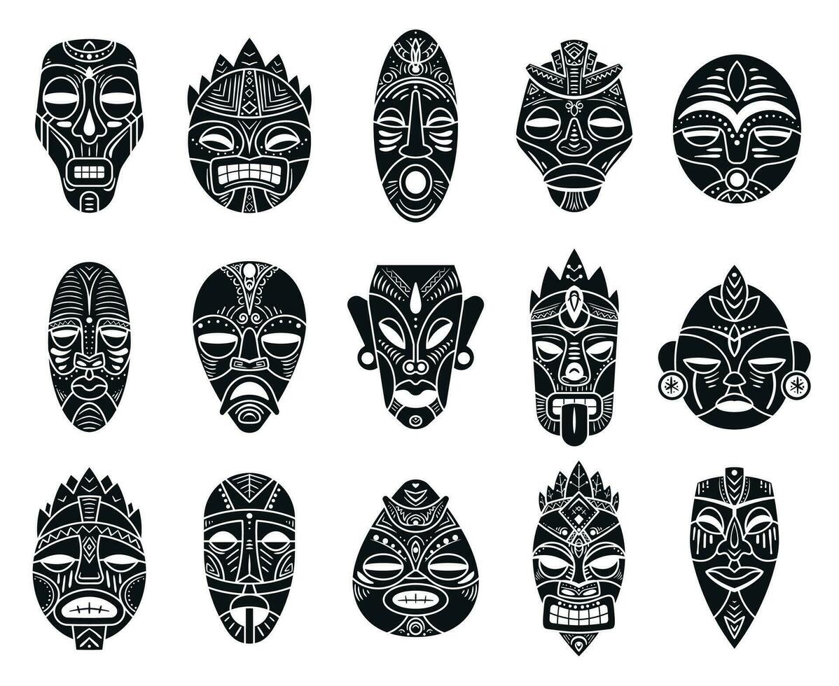 Idol mask. Monochrome black hawaii tiki tahitian ritual totem, exotic traditional culture antique mythology, ethnic ornament vector masks