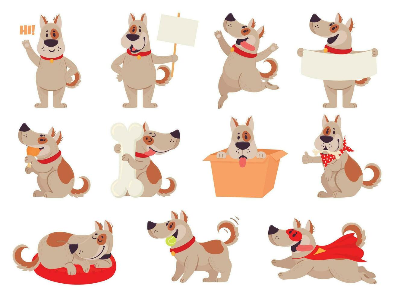 Cartoon dog mascot. Cute dogs in different action and emotion, happy smile friendly behavior pet, character funny avatar vector set