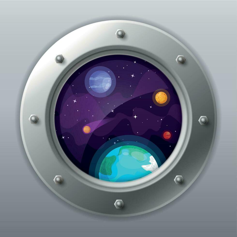 astronave ventana vista. porta desde cohete a oscuro cielo con tierra, estrellas, planetas astronave exploración. vector