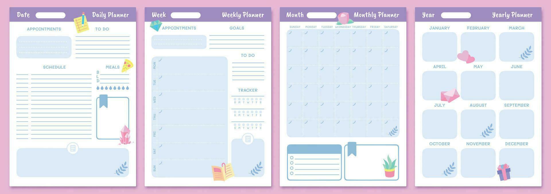 Cute planner templates. Daily, weekly, monthly and yearly planners vector